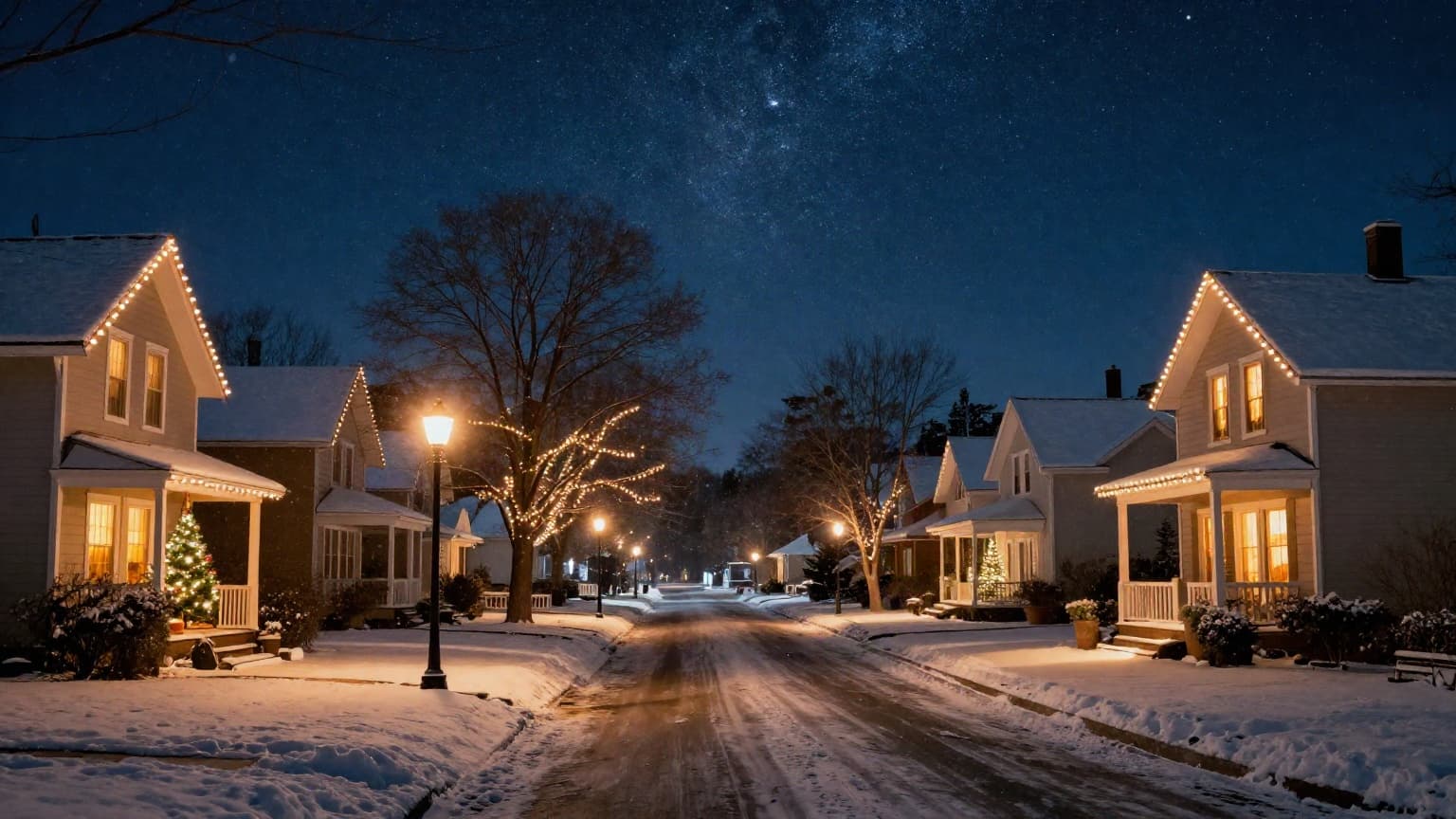 A quiet snow-covered suburban street at night, every roofline outlined in warm white lights under a starry sky